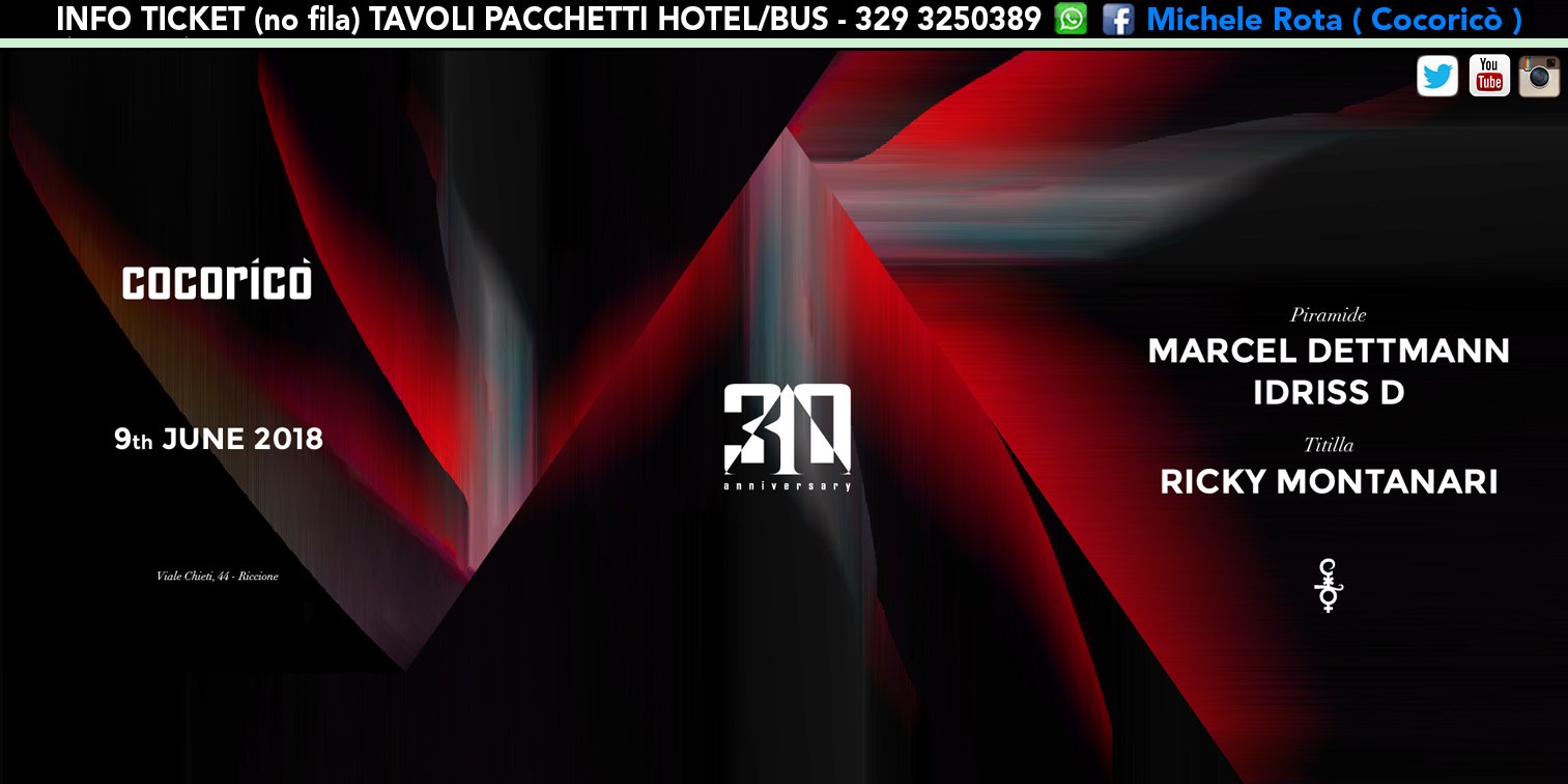 Marcel Dettmann Cocorico 09 Giugno 2018 Ticket Tavoli Pacchetti Hotel